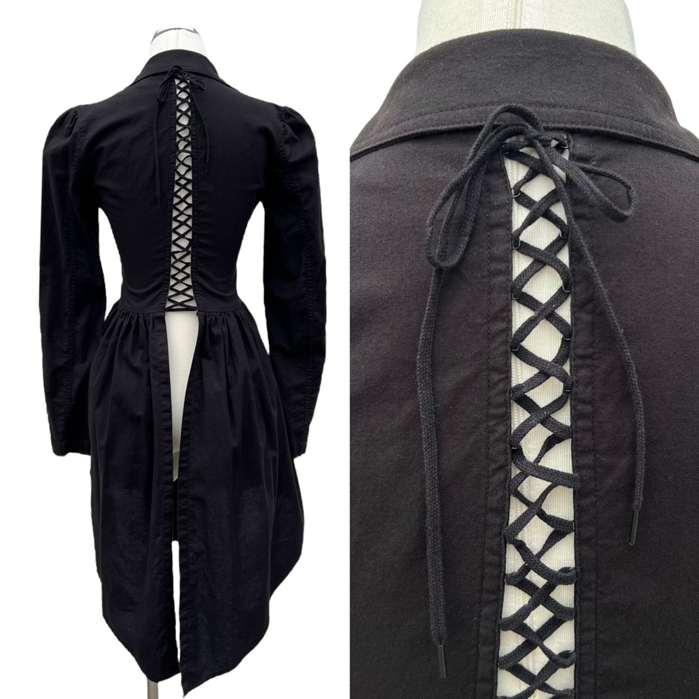 Betsey Johnson Black Cotton Corset Back Button Up Gothic Victorian Blouse - Picture 2 of 9